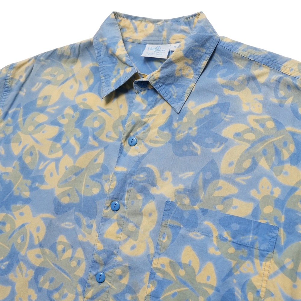 Blue Ginger Gecko Print Aloha Shirt Button Down Mens Medium Blue Cotton Tropical